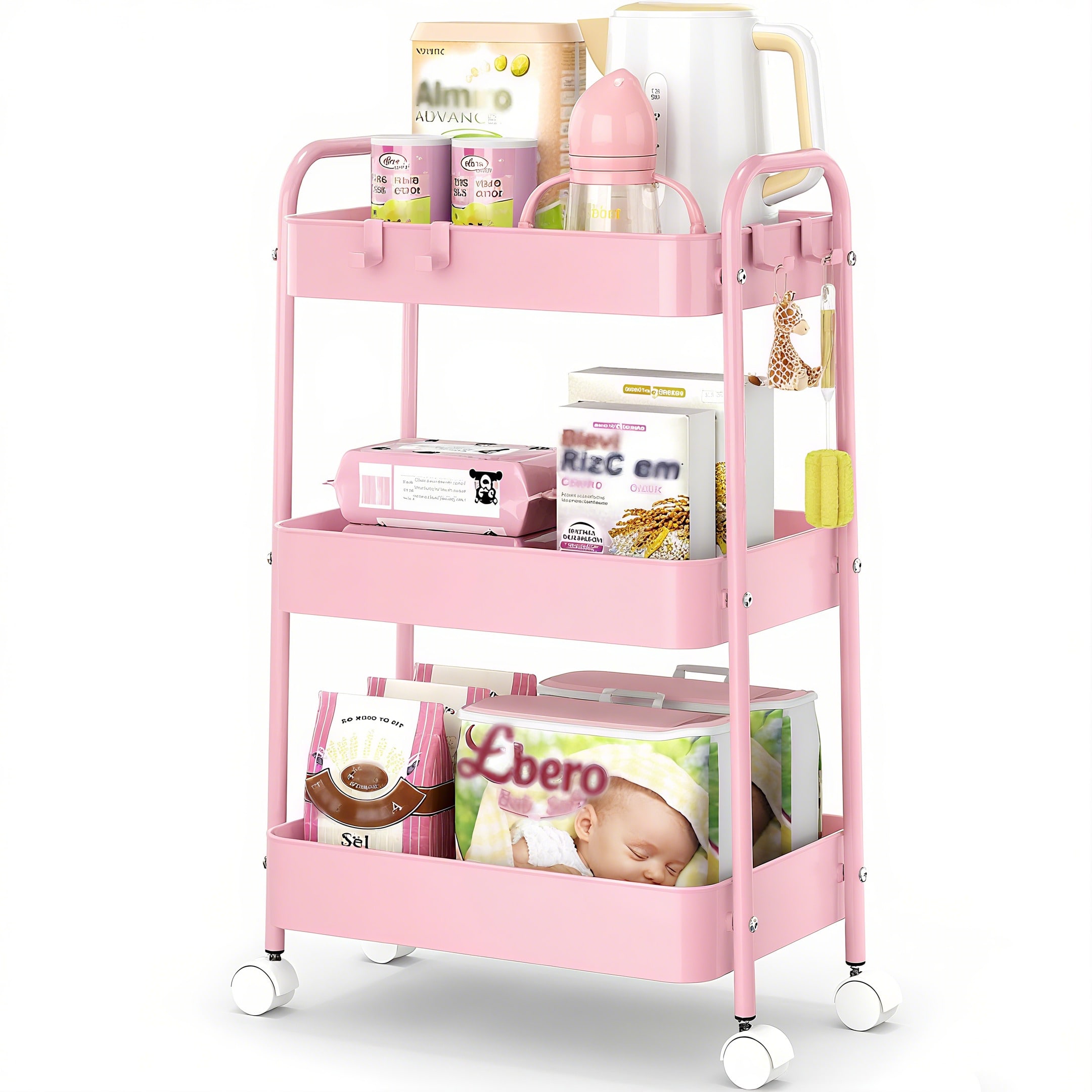 Baby Nursery Office - รถเข็นโลหะ 3 ชั้นพร้อมล้อเลื่อน สีชมพูทันสมัย รถเข็นเก็บของอเนกประสงค์พร้อมตะกร้าตาข่ายแข็งแรง ทนทาน
