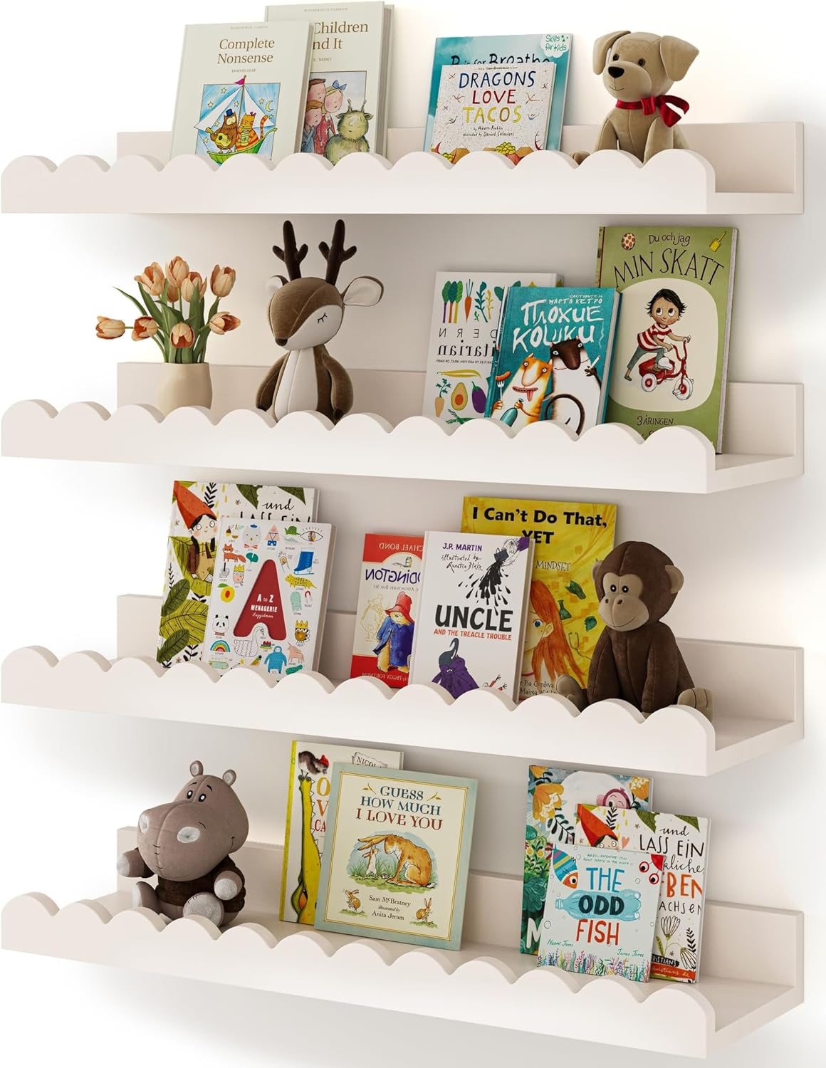 Baby Nursery Floating Shelves - ชุดชั้นวางหนังสือเด็กแบบลอยตัวสีขาว 4 ชิ้น พร้อมขอบหยัก ติดผนังสำหรับโชว์หนังสือในห้องเด็กเล็ก ห้องทารก