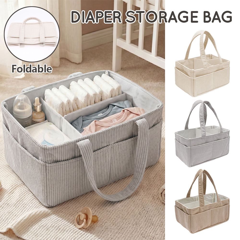 Baby Nursery Storage - ตะกร้าเก็บของอเนกประสงค์แบบพกพาสำหรับเด็กอ่อน ทำจากผ้ากำมะหยี่นุ่ม พร้อมหูหิ้ว พับเก็บได้ มีช่องใส่ของหลายช่อง ใช้จัดเก็บผ้าอ้อมและของเล่นเด็กแรกเกิด