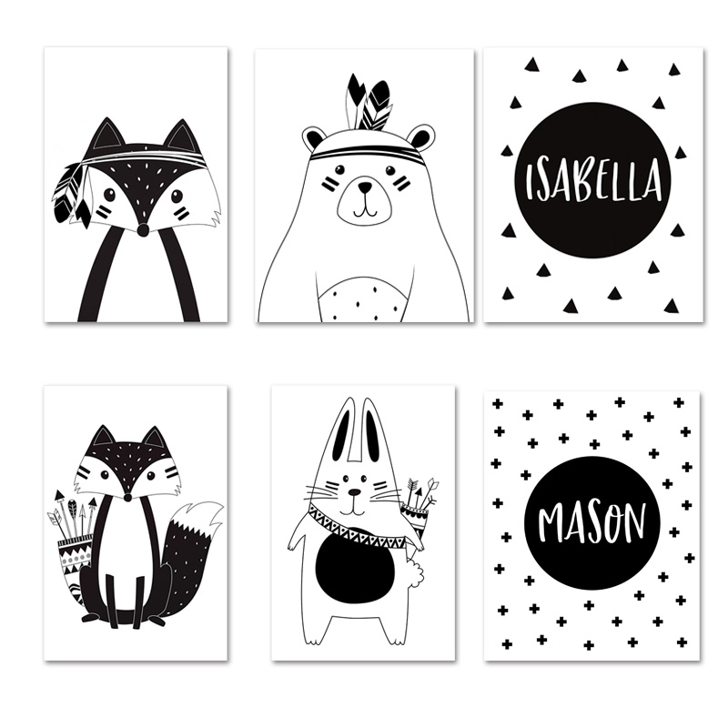 Baby Nursery Name Wall Art - สีดําสีขาวการ์ตูนหมีกระต่าย Baby Nursery Wall Art โปสเตอร์ผ้าใบที่กําหนดเองชื่อพิมพ์ภาพวาด