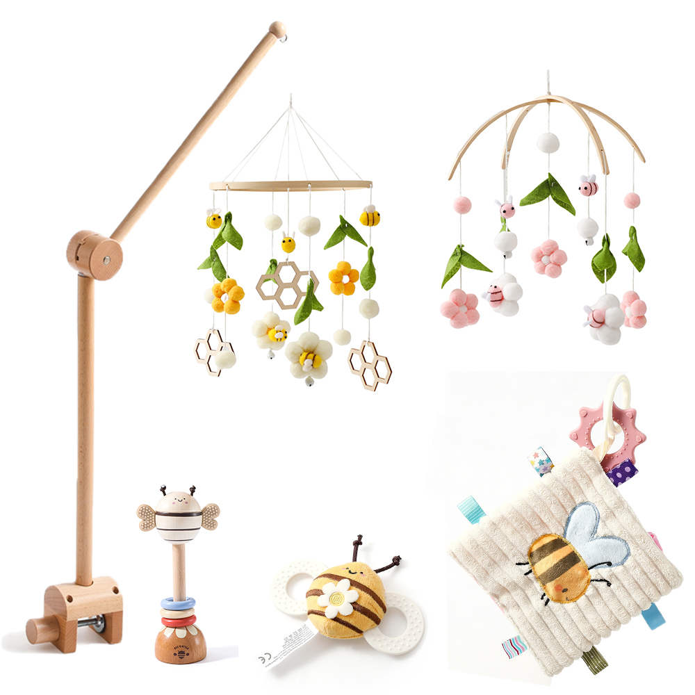 Baby Nursery Sets - โมบายติดเตียงเด็กพร้อมของเล่นเขย่าเสียงดัง สำหรับเด็กอายุ 0-12 เดือน ชุดโมบายลายผึ้งสำหรับห้องเด็ก ของเล่นเขย่าเสียงดังแบบแขวนทำจากไม้