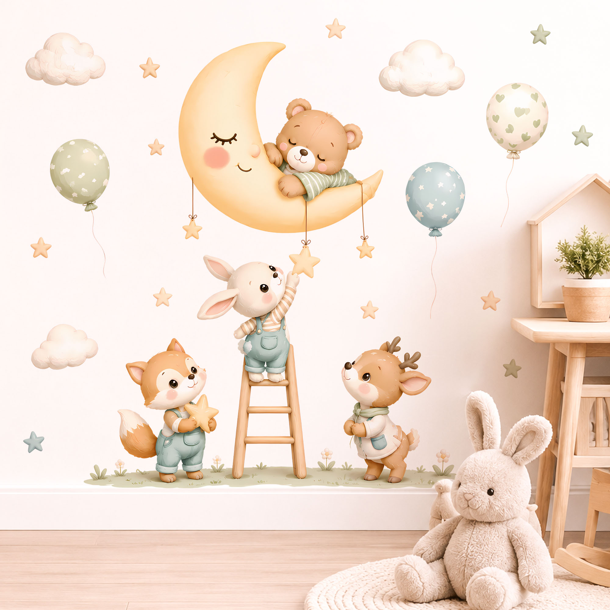 Baby Nursery Vinyl - สติ๊กเกอร์ติดผนังรูปสัตว์ป่า, สติ๊กเกอร์ตกแต่งรูปดาวและบอลลูนสีน้ำแบบถอดออกได้สำหรับห้องเด็ก, ของขวัญสำหรับงานเลี้ยงฉลองทารกแรกเกิด