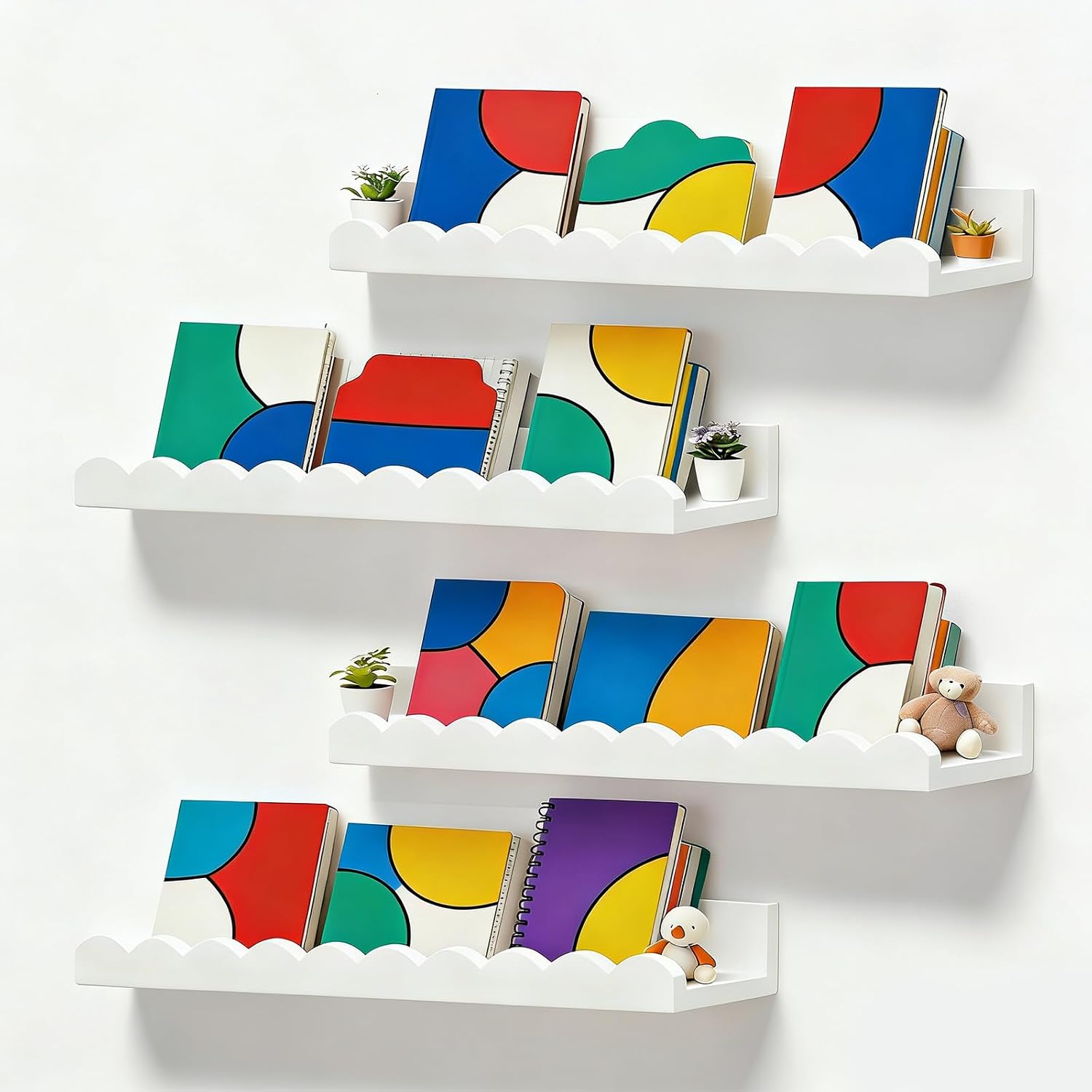 Baby Nursery Floating Shelves - ชุดชั้นวางหนังสือสำหรับเด็กแบบลอยตัวสีขาว 4 ชิ้น พร้อมขอบหยัก ติดผนัง เหมาะสำหรับตกแต่งห้องนอนเด็ก