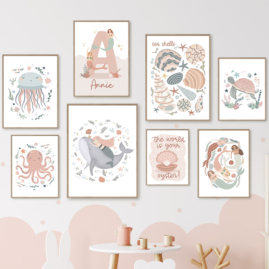 Baby Nursery Name Wall Art - ภาพวาดสัตว์ทะเลการ์ตูน ปลาวาฬ นางเงือก โปสเตอร์ชื่อเด็กแบบกำหนดเอง ภาพพิมพ์บนผ้าแคนวาสสำหรับตกแต่งผนังห้องเด็กหญิง