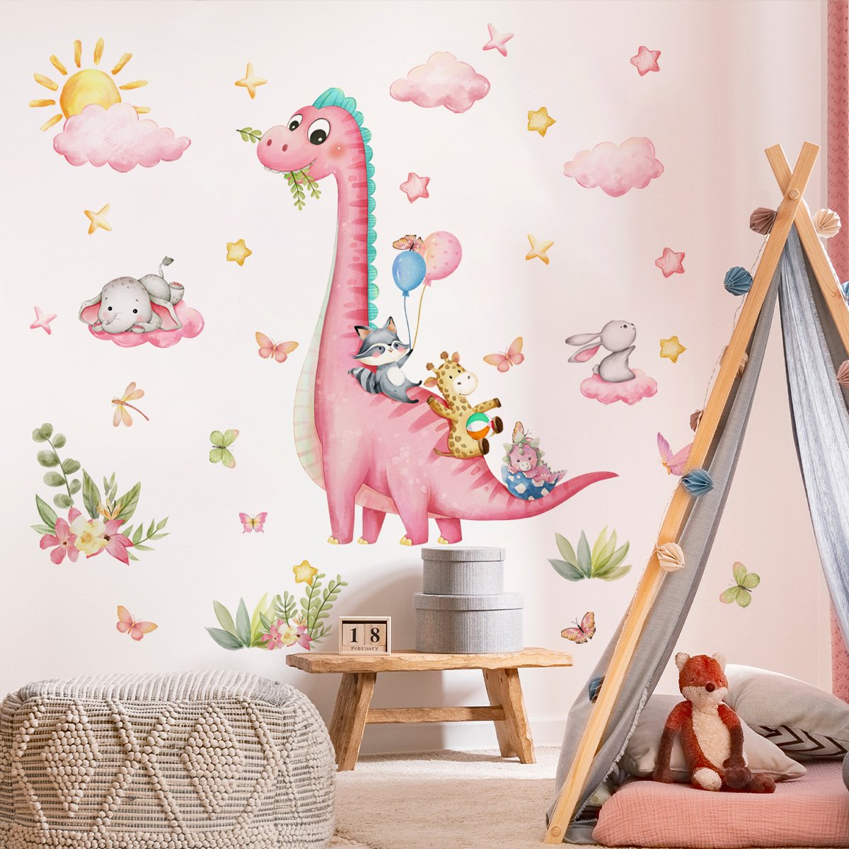 Baby Nursery Vinyl Wall Stickers - การ์ตูนขนาดใหญ่ไดโนเสาร์สีชมพูสัตว์ Park สติ๊กเกอร์ติดผนังไวนิล Cloud Star สําหรับห้องเด็กห้องนอนเด็กเนอสเซอรี่ผนังตกแต่ง