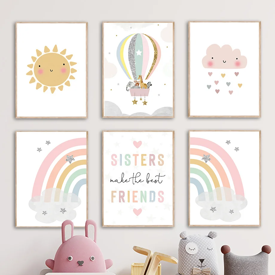 Baby Nursery Name Wall Art - ยีราฟ ช้าง บอลลูนลมร้อน ดวงอาทิตย์ สายรุ้ง ห้องเด็ก