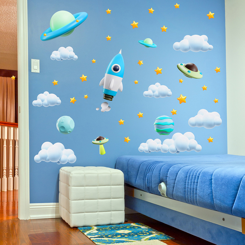 Baby Nursery Vinyl Wall Stickers - สติ๊กเกอร์ติดผนังลายยานอวกาศสีฟ้า กาแล็กซี่ ยูเอฟโอ สำหรับห้องเด็ก ห้องเด็กอ่อน ห้องนอน