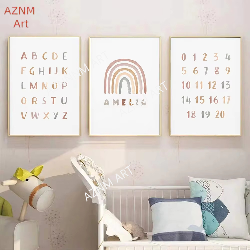 Baby Nursery Name Wall Art - 1/3 ชิ้น, โปสเตอร์สั่งทำพิเศษ ABC 123 ลายสายรุ้ง