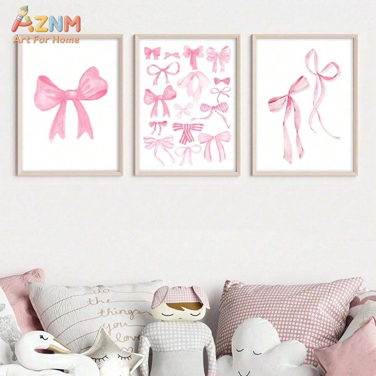Baby Nursery Sets - ชุดภาพพิมพ์บนผ้าใบลายโบว์สีชมพู 3 ชิ้น สไตล์น่ารักแบบ Coquette พร้อมริบบิ้นตกแต่ง