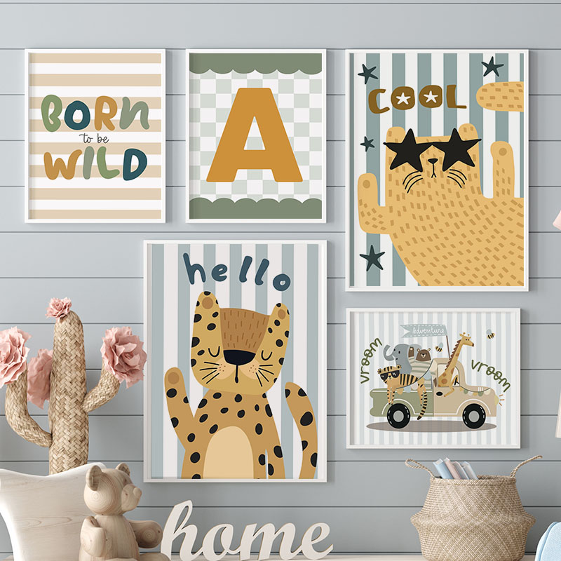 Baby Nursery Name Wall Art - ภาพพิมพ์บนผ้าใบลายเสือ ลายสิงโต ลายยีราฟ น่ารักๆ สำหรับตกแต่งห้องเด็ก พร้อมชื่อเด็ก