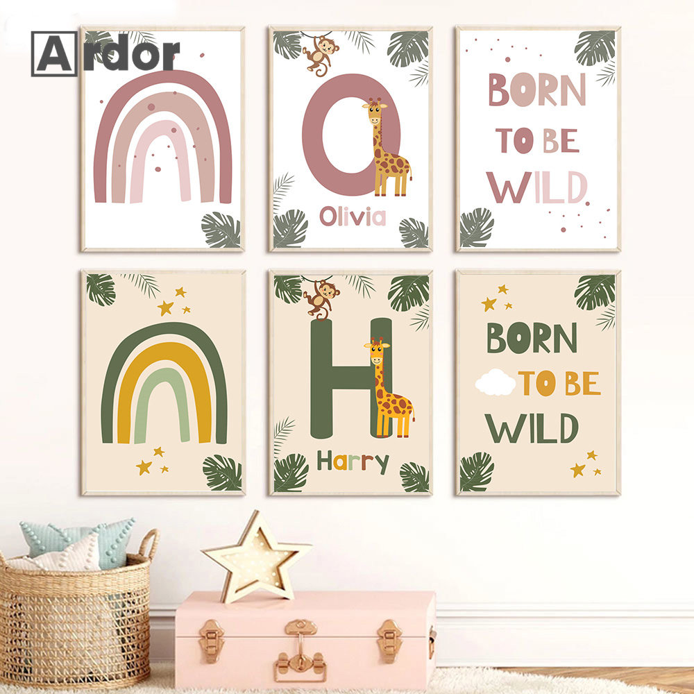 Baby Nursery Name Wall Art - Nordic สัตว์ป่าโปสเตอร์ที่กําหนดเองชื่อภาพวาดผ้าใบ Rainbow Wall Art พิมพ์เนอสเซอรี่ภาพโปสเตอร์สําหรับเด็กทารกตกแต่งห้อง