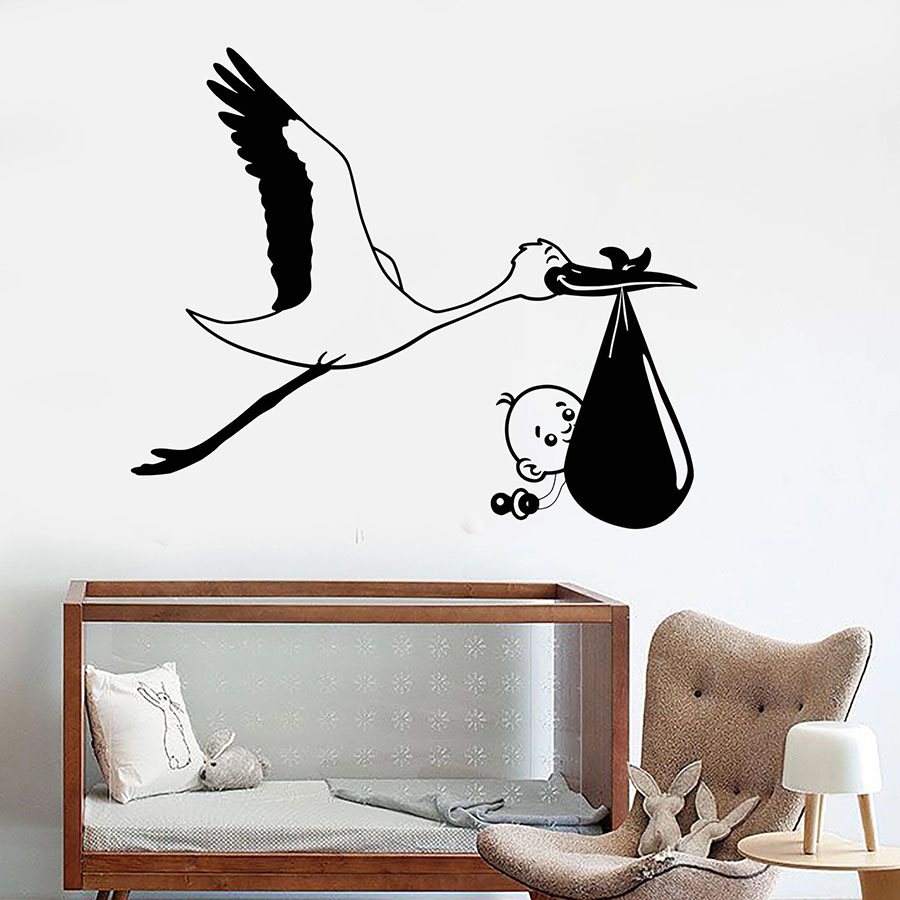 Baby Nursery Vinyl Wall Stickers - Wall Decal Stork Baby Bird Nursery
