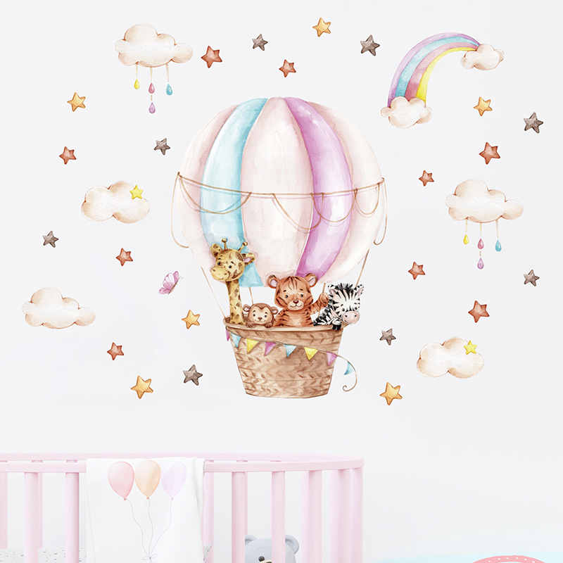 Baby Nursery Vinyl Wall Stickers - สีน้ำสีชมพูบอลลูนลมร้อนสัตว์น่ารักเมฆสายรุ้งสติ๊กเกอร์ติดผนังสำหรับห้องเด็กห้องเด็กอ่อนสติ๊กเกอร์ติดผนังตกแต่งบ้าน