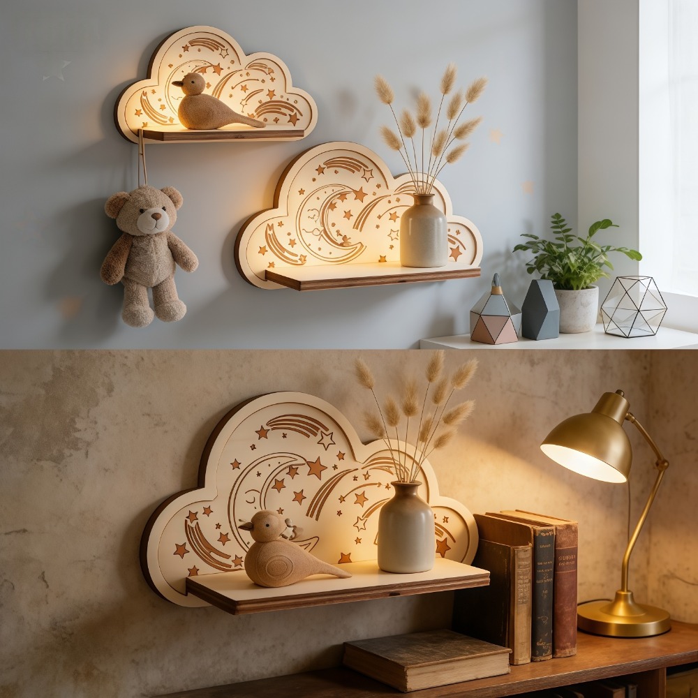 Baby Nursery Floating Shelves - ชั้นวางของติดผนังรูปเมฆไม้ ดาว พระจันทร์ แบบโปร่ง พร้อมตะขอ ไม่ต้องเจาะผนัง