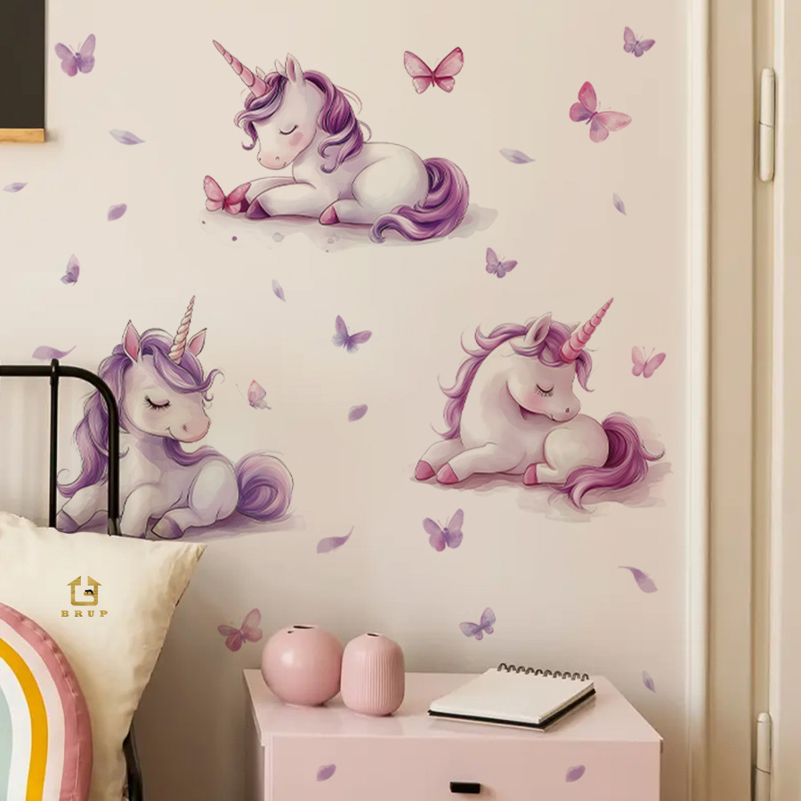Baby Nursery Vinyl Wall Stickers - สติกเกอร์ติดผนังลายยูนิคอร์นแฟนตาซีการ์ตูน สติกเกอร์ไวนิลลายผีเสื้อแบบติดผนังสำหรับตกแต่งห้องเด็กผู้หญิง ห้องเด็กอ่อน และห้องเด็กเล็ก