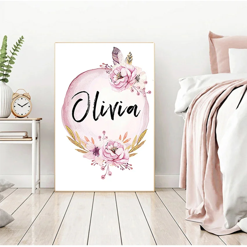 Baby Nursery Name Wall Art - ภาพพิมพ์ตกแต่งผนังห้องเด็ก ภาพวาดตกแต่งห้องนอนเด็ก ตกแต่งห้องเด็กผู้หญิง โปสเตอร์ชื่อเด็ก ภาพดอกโบตั๋น ภาพวาดบนผ้าใบติดผนัง