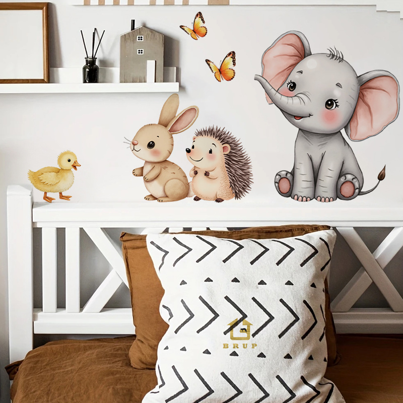 Baby Nursery Vinyl - การ์ตูนสัตว์สติ๊กเกอร์ติดผนัง-ช้างกระต่ายเม่นเนอสเซอรี่รูปลอกที่ถอดออกได้เด็กตกแต่งห้องเด็กเล่น Wall Art Home