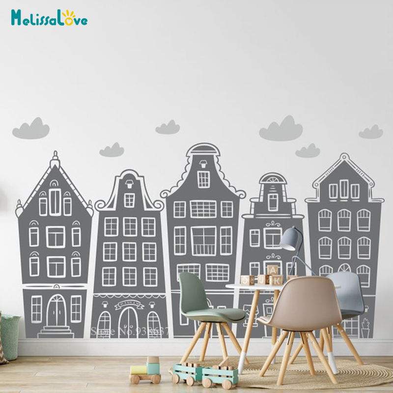 Baby Nursery Package - สแกนดิเนเวียนบ้านและเมฆ Decal เนอสเซอรี่เด็กห้องเด็กเล่นสติกเกอร์ Handpainted บ้านการ์ตูนเด็กอัมสเตอร์ดัม House