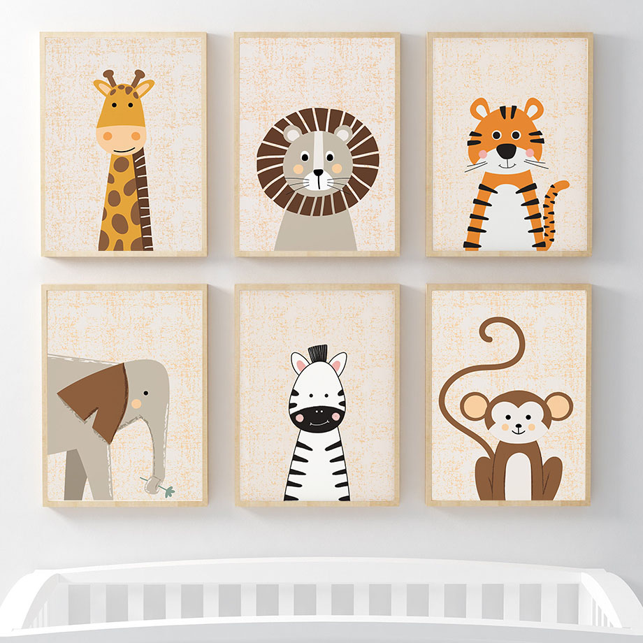 Baby Nursery Name Wall Art - ภาพวาดบนผ้าใบลายสิงโต ยีราฟ ช้าง ม้าลาย ลิง สำหรับตกแต่งผนังห้องเด็ก