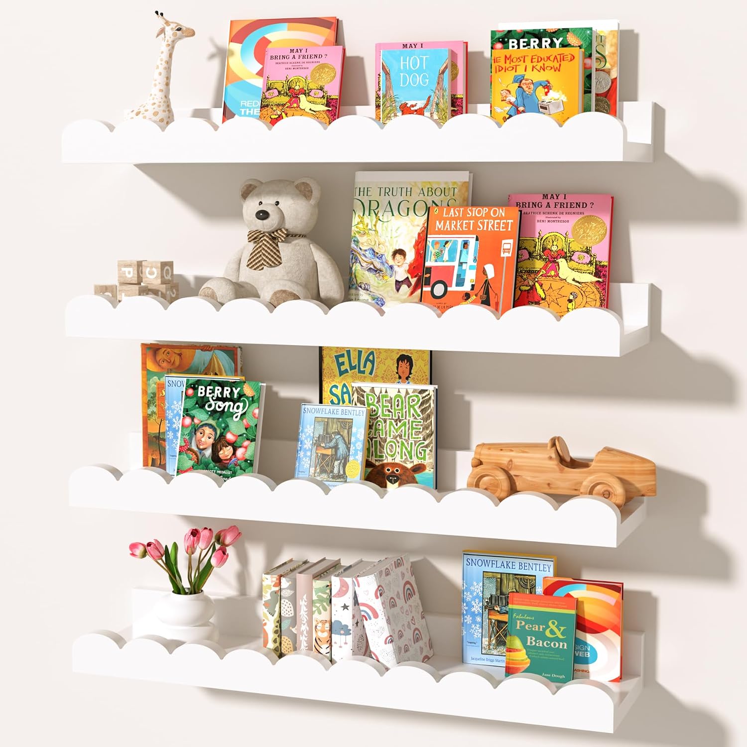 Baby Nursery Floating Shelves - ชุดชั้นวางของลอยตัวสีขาว 4 ชิ้น พร้อมขอบหยัก สำหรับห้องเด็กอ่อน ชั้นวางหนังสือติดผนังสำหรับห้องนอนและห้องเล่น