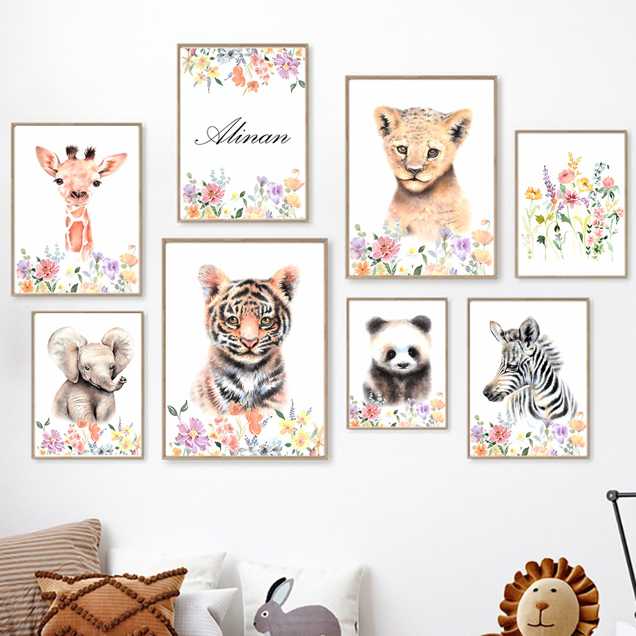 Baby Nursery Name Wall Art - ภาพวาดติดผนังลายเสือ แพนด้า ช้าง ยีราฟ สำหรับตกแต่งห้องเด็ก ภาพพิมพ์และโปสเตอร์เพชร