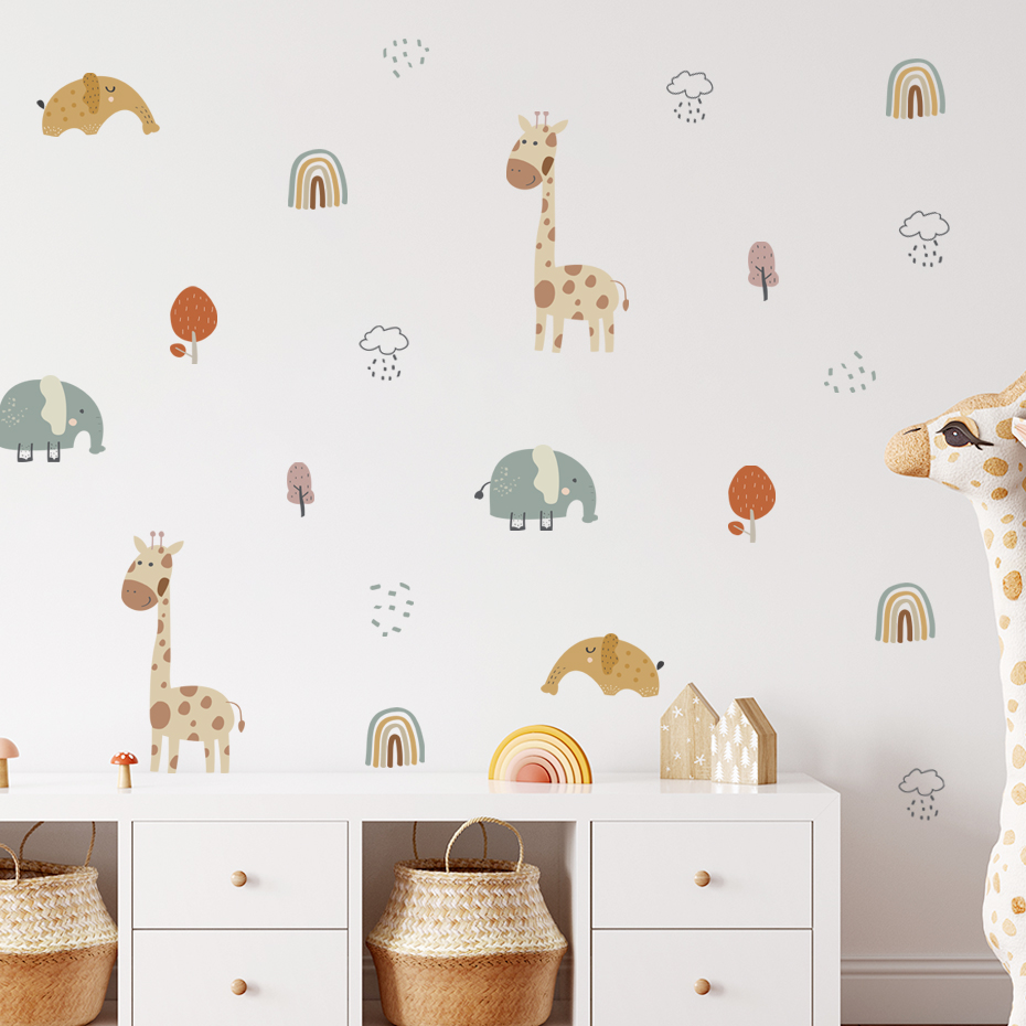 Baby Nursery Vinyl Wall Stickers - การ์ตูนยีราฟช้างสัตว์สติ๊กเกอร์ติดผนัง Rainbow Tree Wall Decals เด็กเนอสเซอรี่ไวนิลที่ถอดออกได้เด็กทารกตกแต่งห้อง