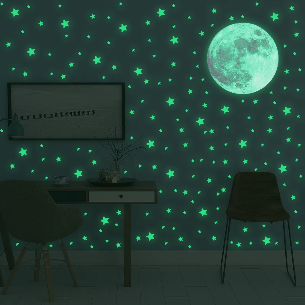 Baby Nursery Vinyl - สติ๊กเกอร์ติดผนังรูปดวงจันทร์และดวงดาวเรืองแสงสำหรับตกแต่งห้องเด็ก ห้องนอน สติ๊กเกอร์ติดผนังรูปโลกเรืองแสงในที่มืด สติ๊กเกอร์เรืองแสง ตกแต่งบ้าน