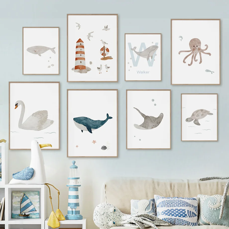 Baby Nursery Name Wall Art - Custom ชื่อปลาวาฬ Octopus เต่า Swan สัตว์ทะเล
