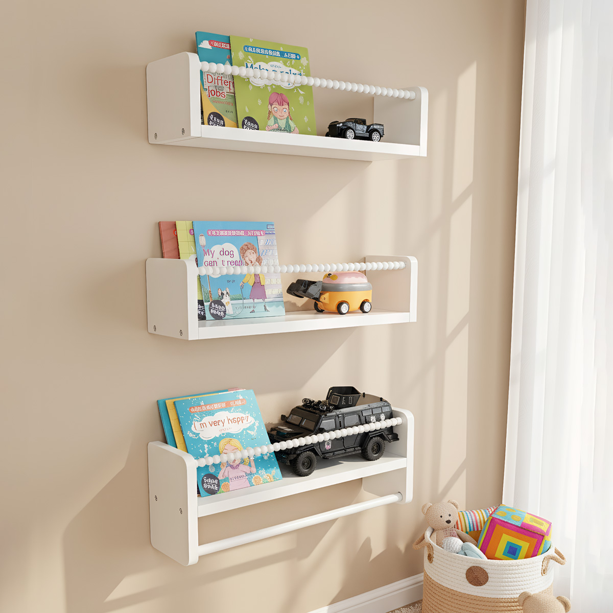 Baby Nursery Floating Shelves - ชั้นวางหนังสือไม้สำหรับห้องเด็ก, ชั้นวางหนังสือติดผนังขนาด 15.7 นิ้ว ชุด 3
