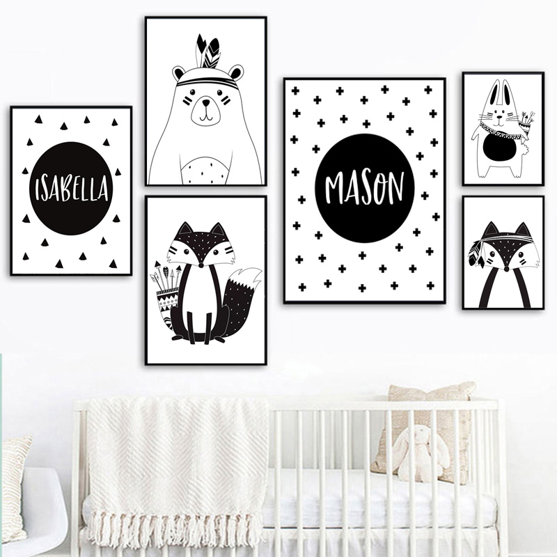 สีดําสีขาวการ์ตูนหมีกระต่าย Ba - Baby Nursery Name Wall Art บทวิจารณ์และราคา
