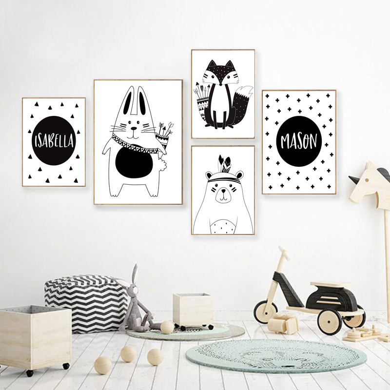 สีดําสีขาวการ์ตูนหมีกระต่าย Ba - Baby Nursery Name Wall Art บทวิจารณ์และราคา