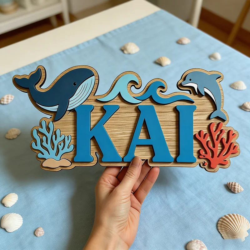 ป้ายไม้สลักชื่อธีมปลาวาฬและโลม - Baby Nursery Name Wall Art บทวิจารณ์และราคา