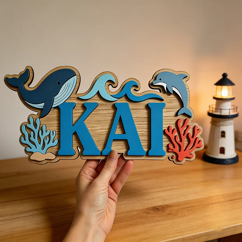 ป้ายไม้สลักชื่อธีมปลาวาฬและโลม - Baby Nursery Name Wall Art บทวิจารณ์และราคา