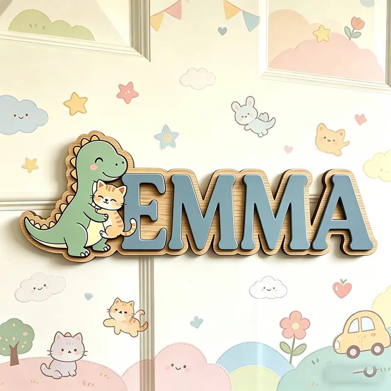 ป้ายชื่อไดโนเสาร์น่ารักกอดแมวแ - Baby Nursery Name Wall Art บทวิจารณ์และราคา