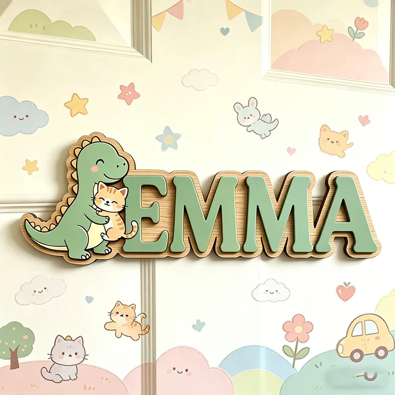 ป้ายชื่อไดโนเสาร์น่ารักกอดแมวแ - Baby Nursery Name Wall Art บทวิจารณ์และราคา