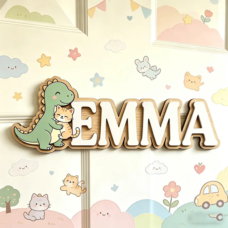 ป้ายชื่อไดโนเสาร์น่ารักกอดแมวแ - Baby Nursery Name Wall Art บทวิจารณ์และราคา