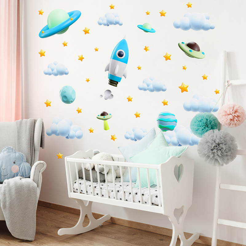 สติ๊กเกอร์ติดผนังลายยานอวกาศสี - Baby Nursery Vinyl Wall Stickers บทวิจารณ์และราคา