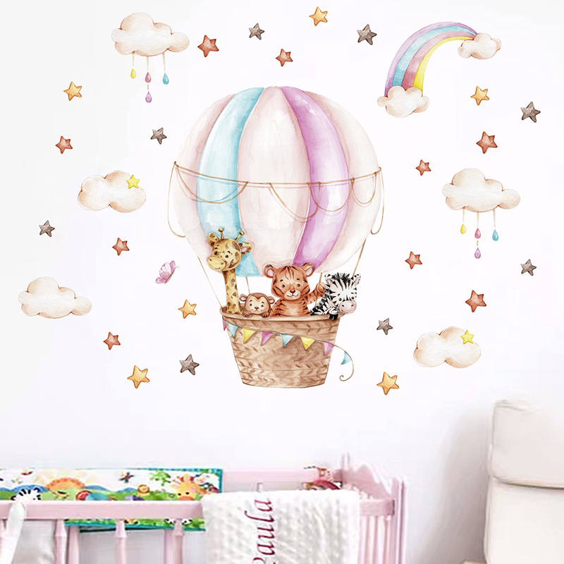 สีน้ำสีชมพูบอลลูนลมร้อนสัตว์น่ - Baby Nursery Vinyl Wall Stickers บทวิจารณ์และราคา