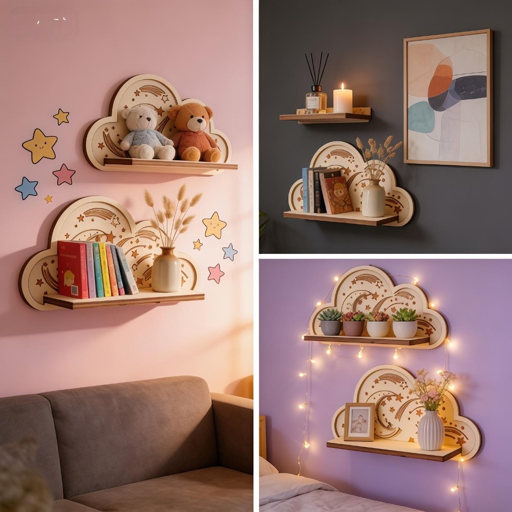 ชั้นวางของติดผนังรูปเมฆไม้ ดาว - Baby Nursery Floating Shelves บทวิจารณ์และราคา