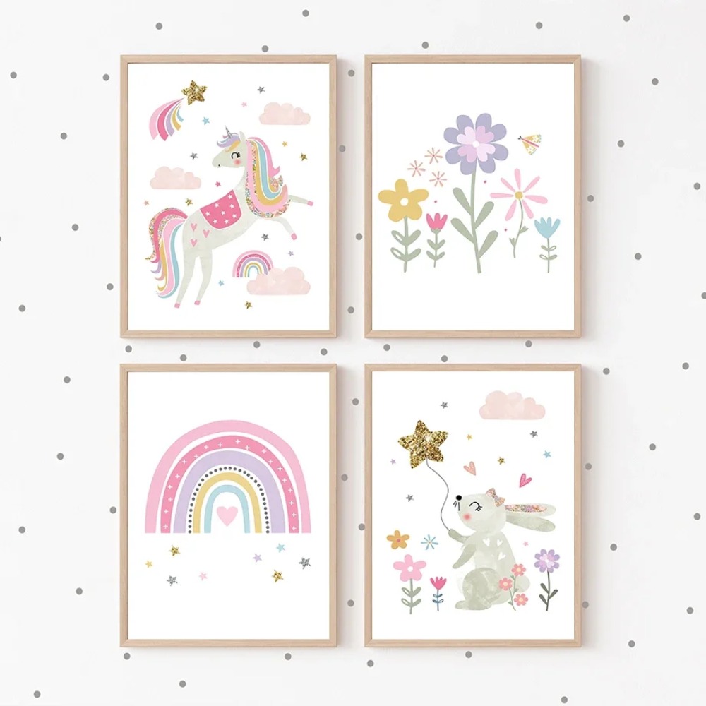สีชมพูยูนิคอร์นกระต่ายสายรุ้งเ - Baby Nursery Name Wall Art บทวิจารณ์และราคา