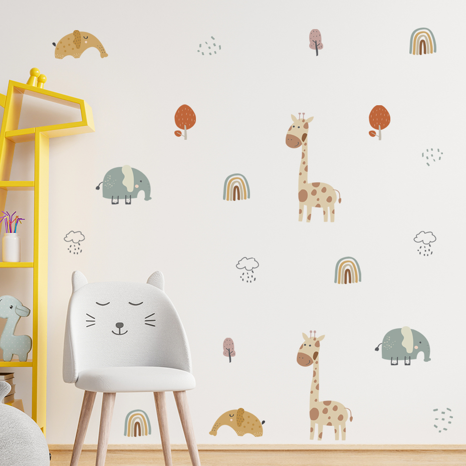 การ์ตูนยีราฟช้างสัตว์สติ๊กเกอร - Baby Nursery Vinyl Wall Stickers บทวิจารณ์และราคา