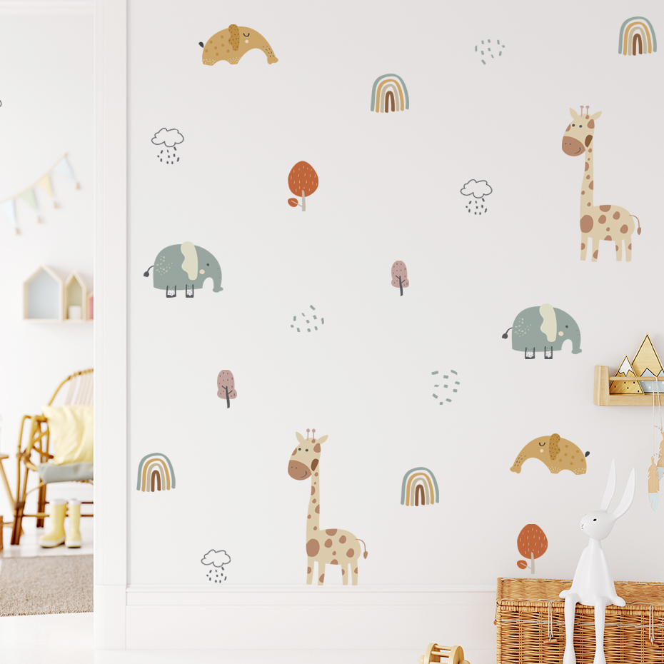 การ์ตูนยีราฟช้างสัตว์สติ๊กเกอร - Baby Nursery Vinyl Wall Stickers บทวิจารณ์และราคา