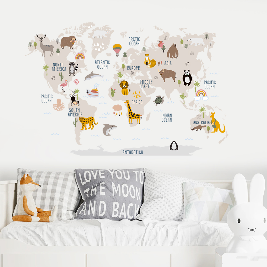 สีน้ําการ์ตูน World แผนที่สติ๊ - Baby Nursery Vinyl Wall Stickers บทวิจารณ์และราคา