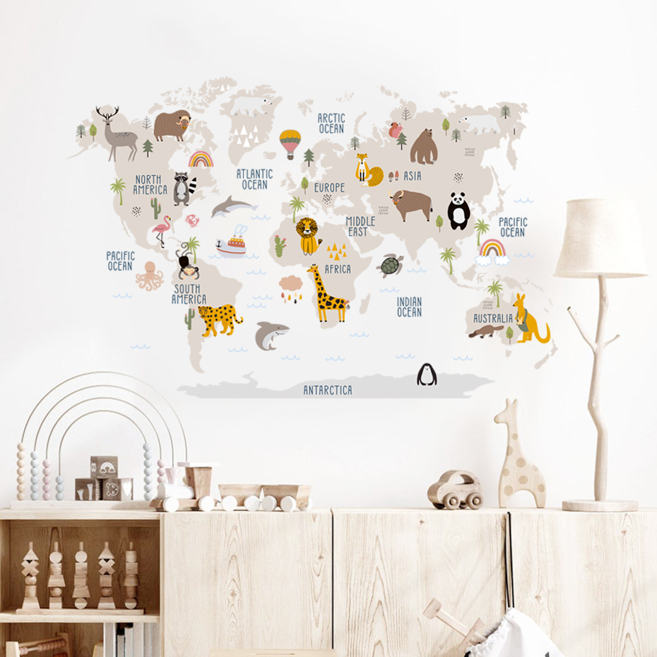 สีน้ําการ์ตูน World แผนที่สติ๊ - Baby Nursery Vinyl Wall Stickers บทวิจารณ์และราคา